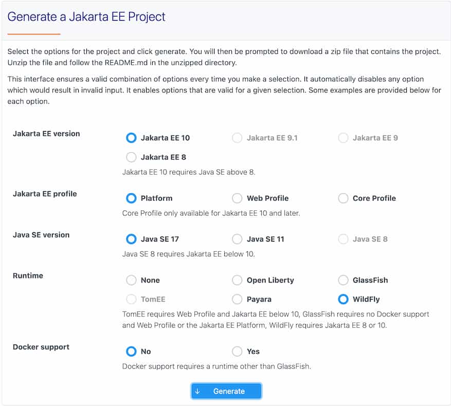 A screenshot of the form from start.jakarta.ee to generate a Jakarta EE project.